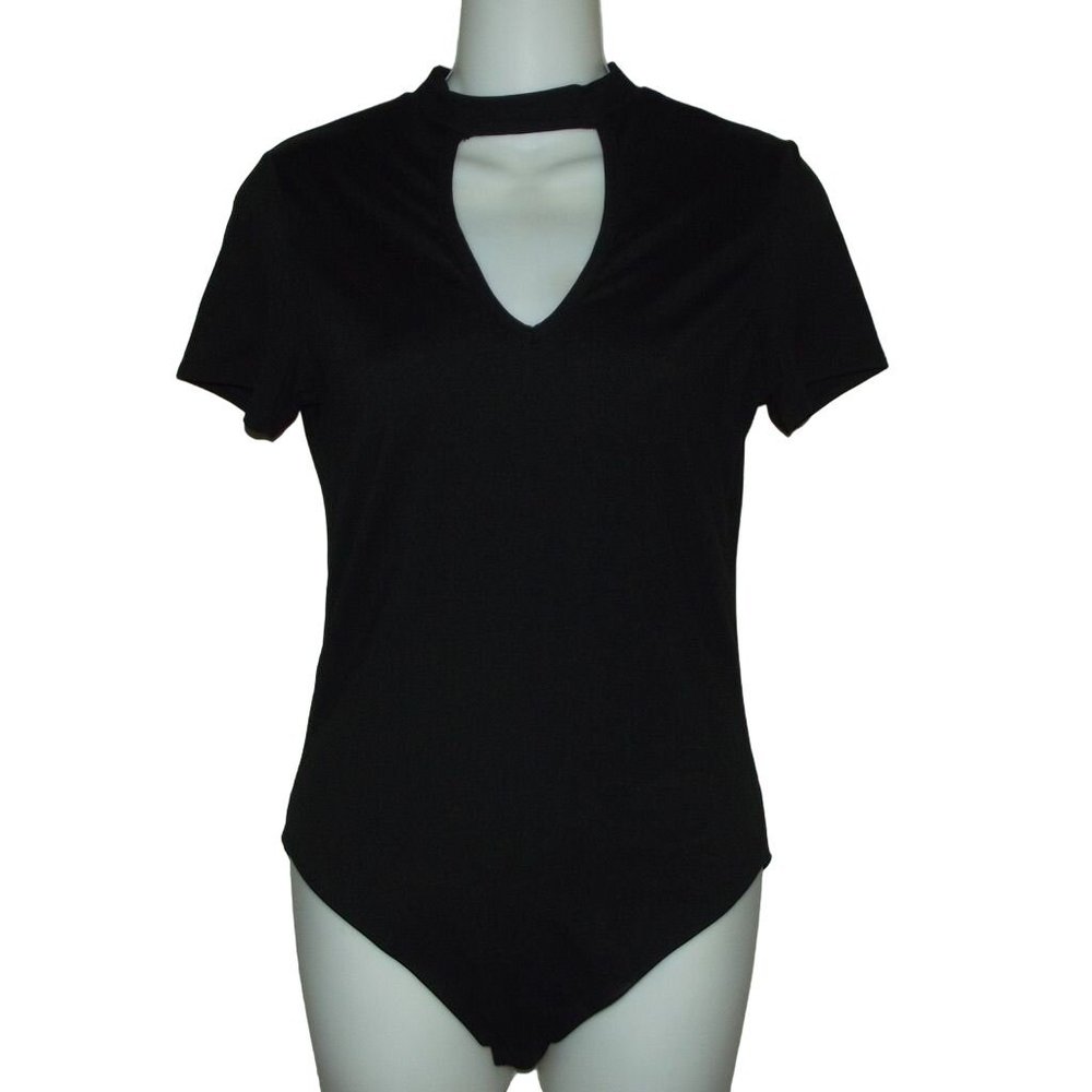 Gaze USA Bodysuit Size Medium Solid Black Choker Short Sleeve Soft m